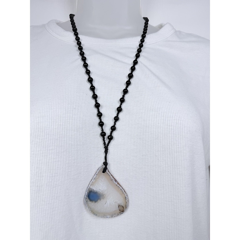 Black Beaded Agate Slice Pendant Necklace Adjustable Boho Statement Natural